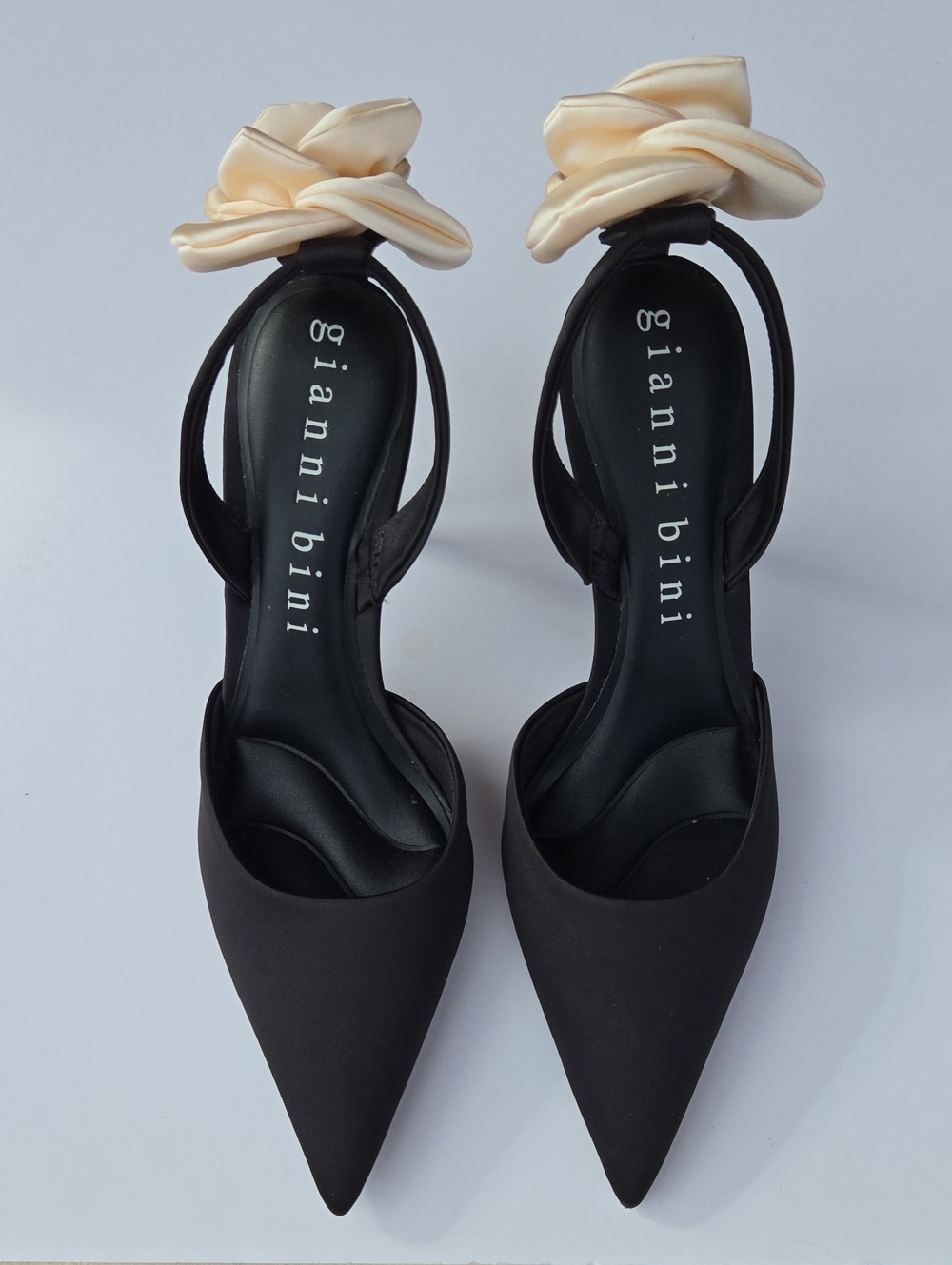 Gianni Bini Malone Satin Flower Halter Back Pumps, Black/Cream, Size 10M